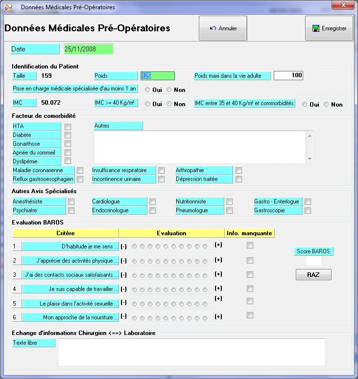 Capture d'écran de la fiche pré-opératoire Odyssée